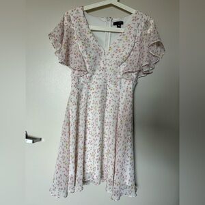 Aqua White Floral Flutter Sleeve Midi Dress